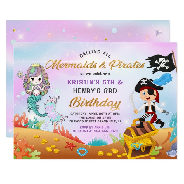 Glitter Mermaid And Pirate Under The Sea Birthday Invitation