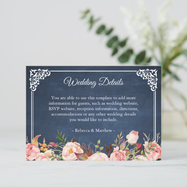 Rustic Floral Blue Chalkboard Wedding Details Enclosure Card