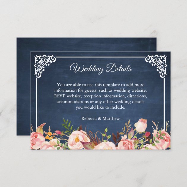 Rustic Floral Blue Chalkboard Wedding Details Enclosure Card