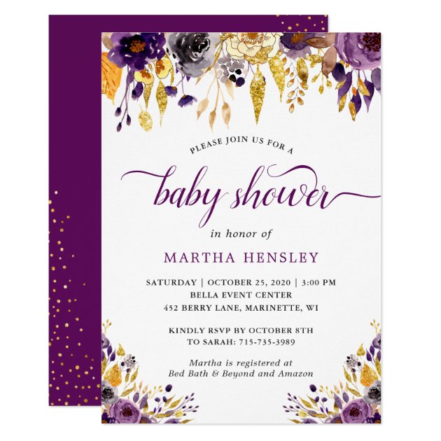 Gold Purple Floral Modern Script Girl Baby Shower Card