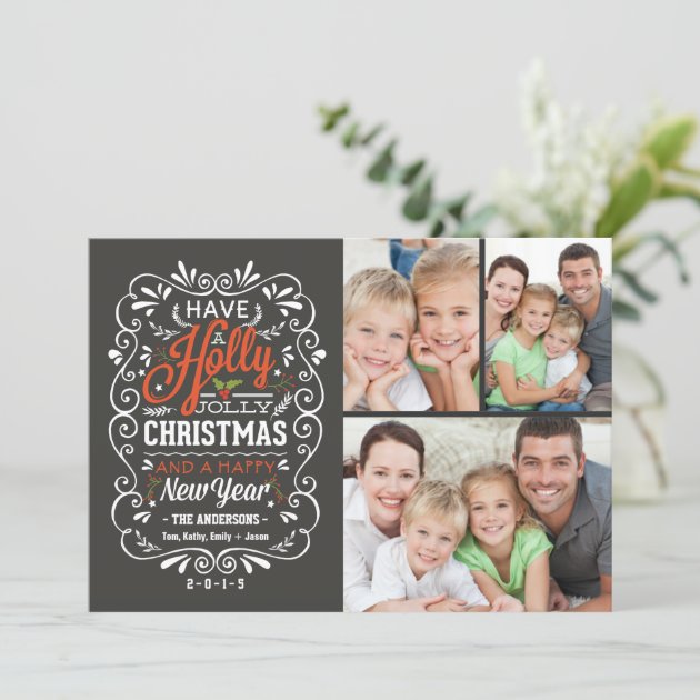 Holly Jolly Christmas Chalkboard Photo Collage Holiday Card