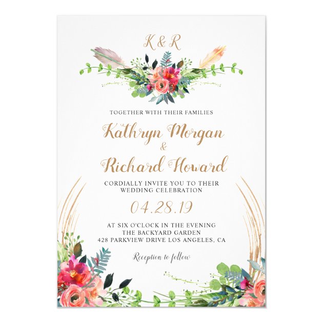 Rustic Bohemian Floral Watercolor Monogram Wedding Invitation
