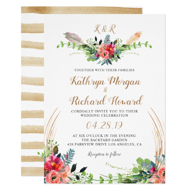Rustic Bohemian Floral Watercolor Monogram Wedding Card