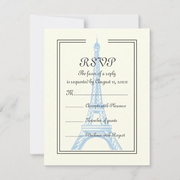 Paris wedding blue Eiffel Tower on ivory RSVP card