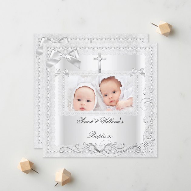 Twin Baby Baptism Girl Boy Christening White Lace Announcement