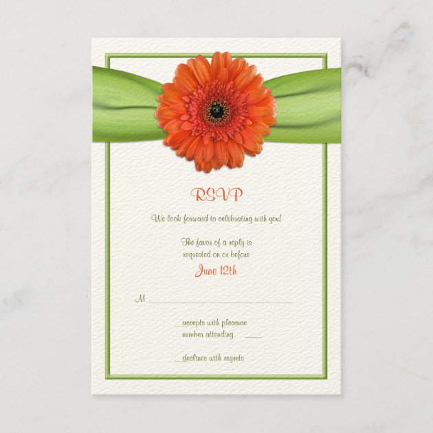 Orange Gerbera Daisy Green Wedding Reply Card