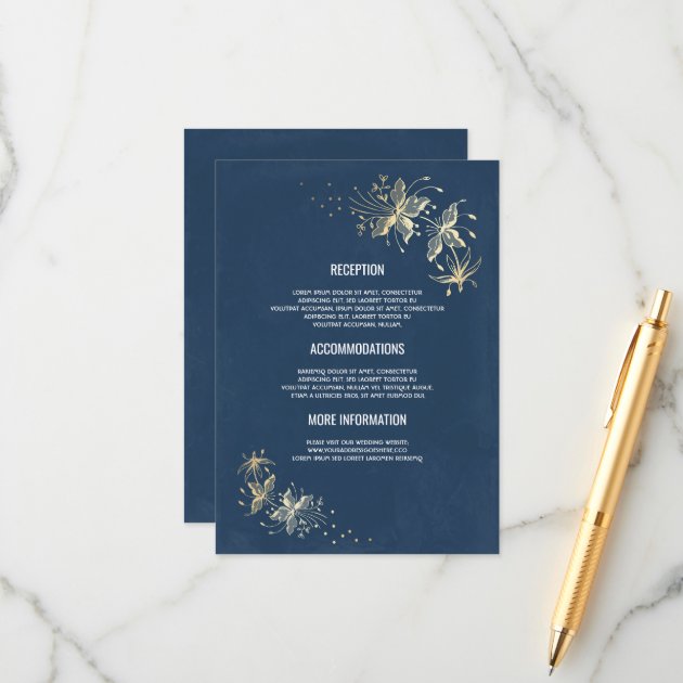 Gold Flowers Vintage Navy Wedding Details Enclosure Card