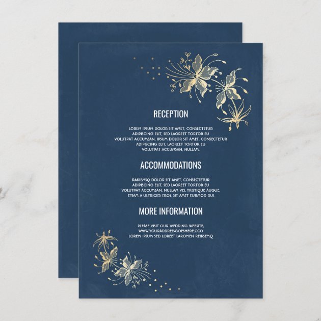 Gold Flowers Vintage Navy Wedding Details Enclosure Card