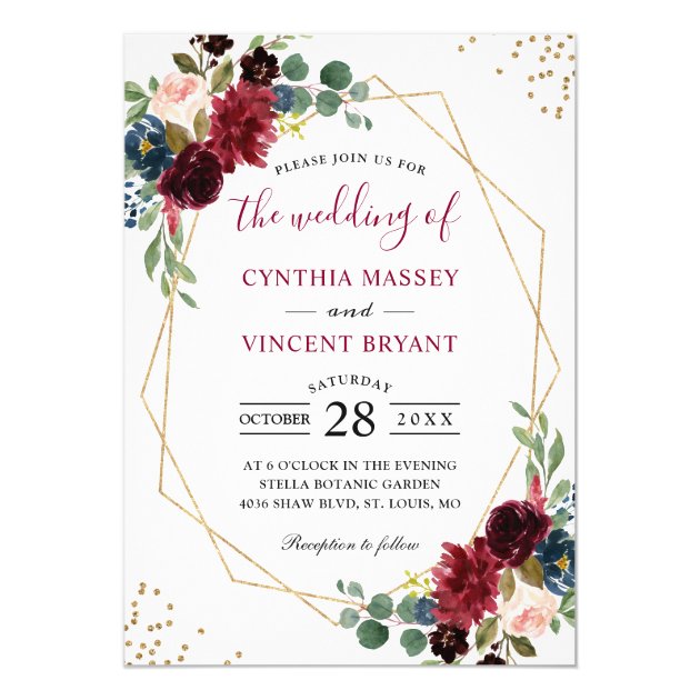 Burgundy Floral Blue Gold Modern Geometric Wedding Invitation