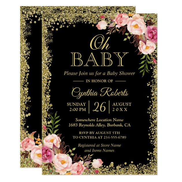 Oh Baby Shower - Black Gold Glitters Pink Floral Card