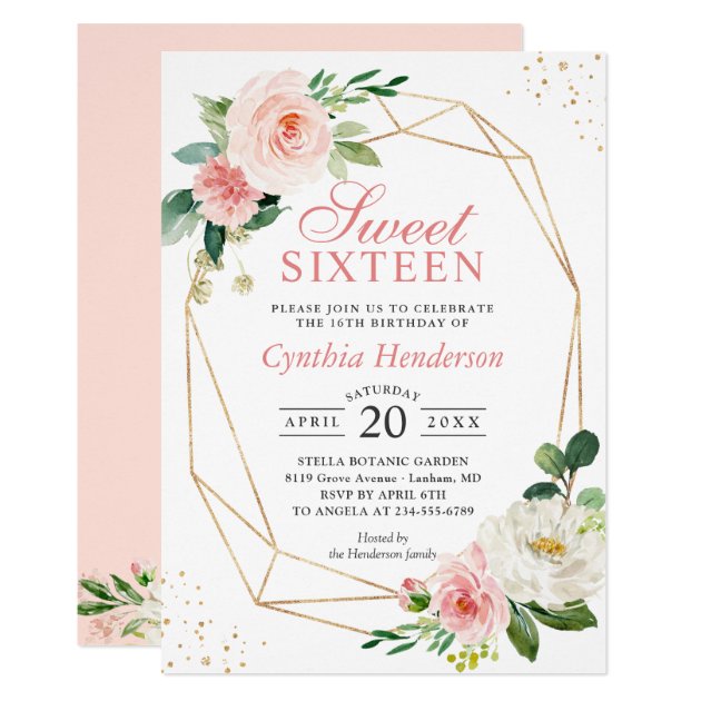 Modern Elegance Blush Pink Floral Sweet Sixteen 16 Invitation