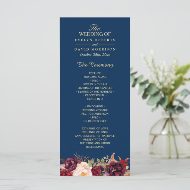Burgundy Marsala Floral Navy Blue Wedding Program