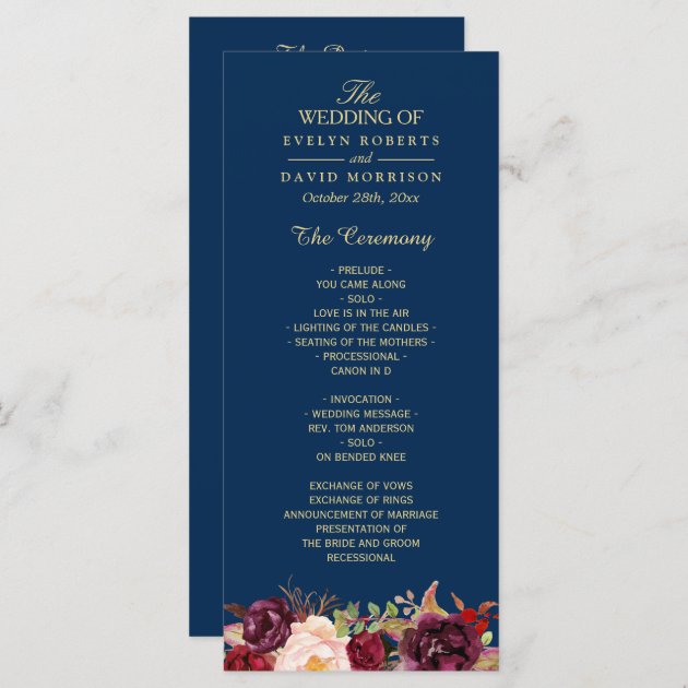 Burgundy Marsala Floral Navy Blue Wedding Program