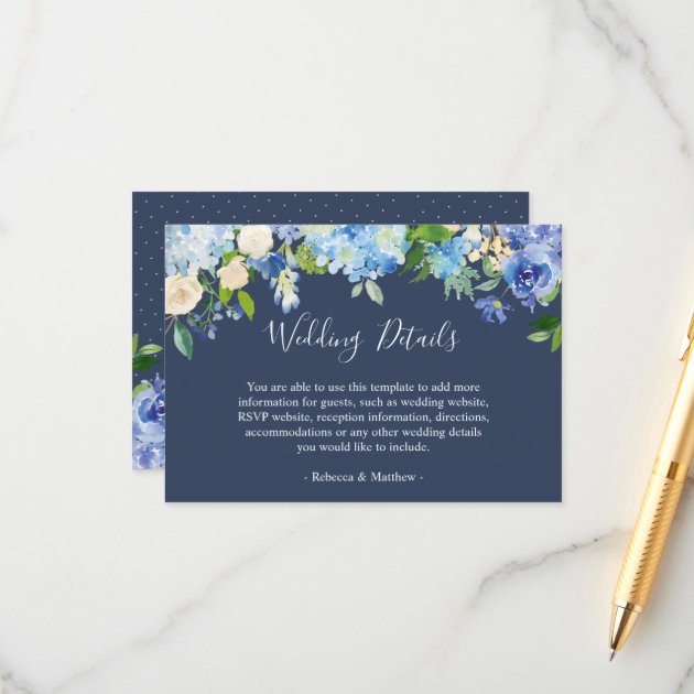 Navy Blue Hydrangeas Floral Wedding Info Details Enclosure Card