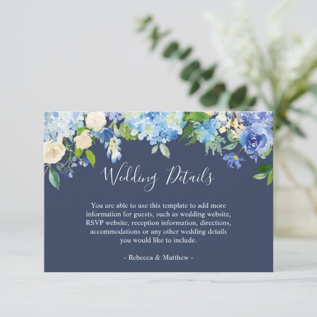 Navy Blue Hydrangeas Floral Wedding Info Details Enclosure Card