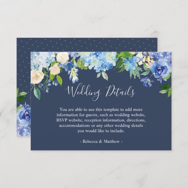 Navy Blue Hydrangeas Floral Wedding Info Details Enclosure Card