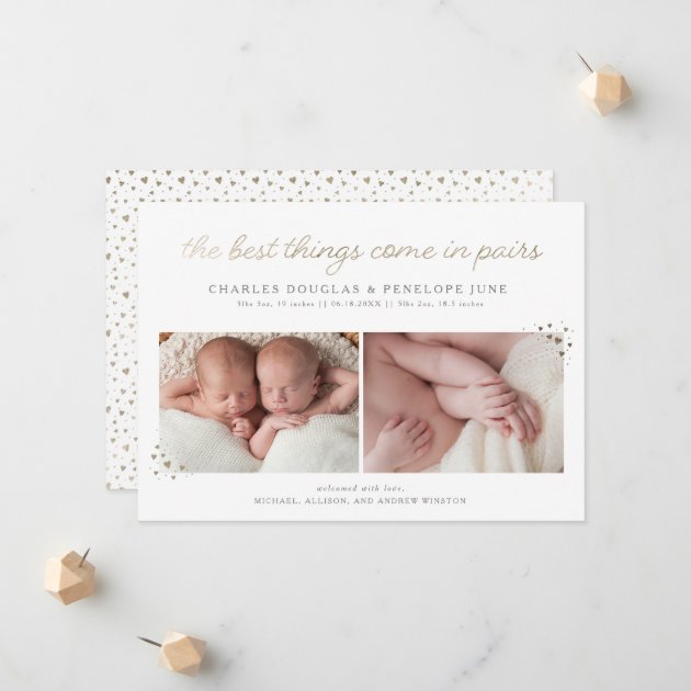 Pairs Twin Birth Announcement In Faux Gold Foil