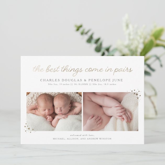 Pairs Twin Birth Announcement In Faux Gold Foil