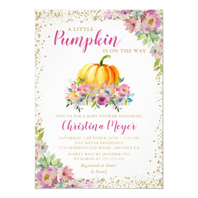 Pink Watercolor Floral Pumpkin Glitter Baby Shower Invitation