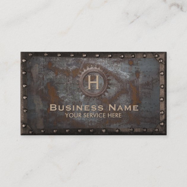 Construction Vintage Monogram Rusty Metal Business Card (front side)