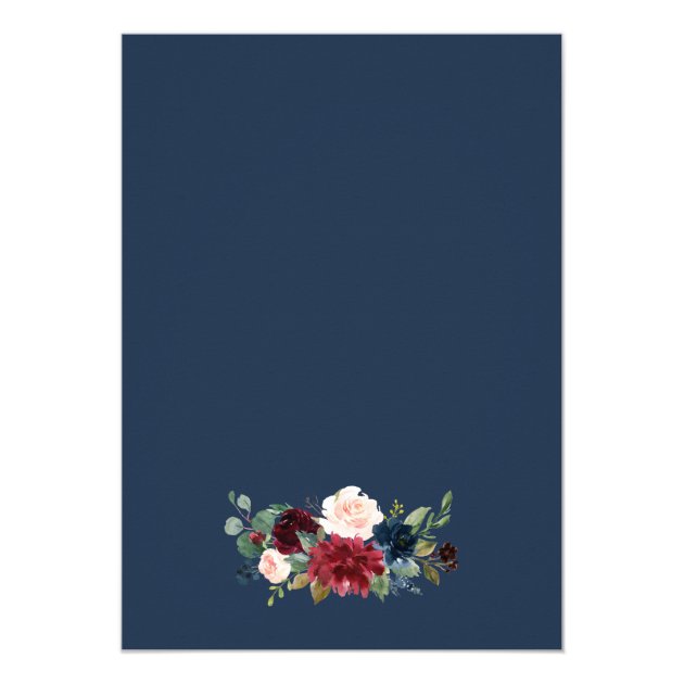 Modern Vintage Burgundy Floral Navy Blue Wedding Invitation