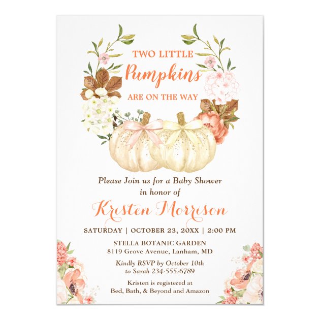 Twin Pumpkin Baby Shower Cute Autumn Floral Invitation
