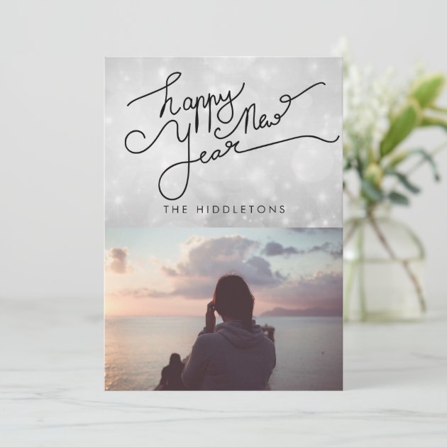Happy New Year Typography Silver Bokeh Photo Holiday Card
