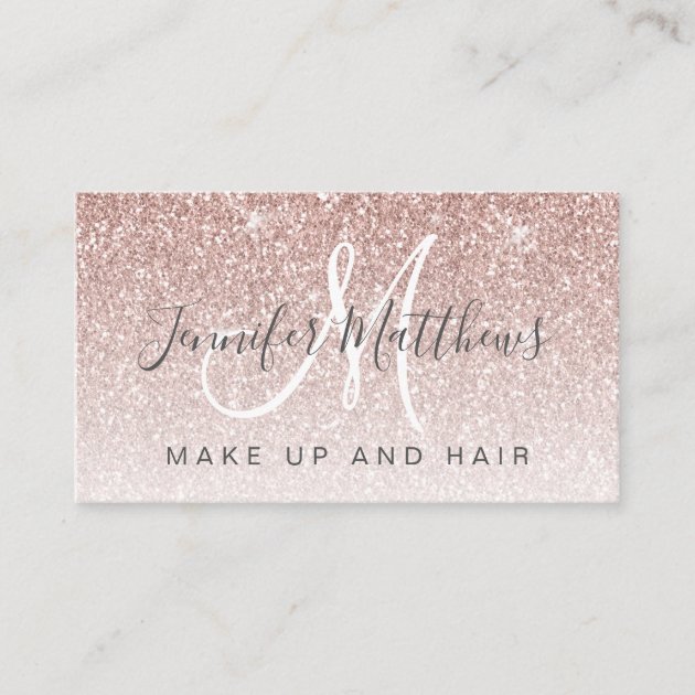Trendy Rose Gold Glitter Makeup Artist Hair Salon Business Card (front side)