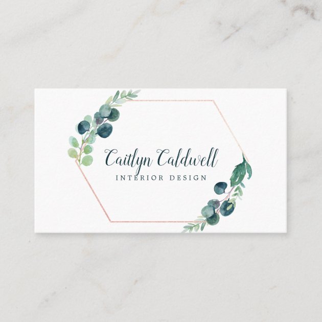 Lush Greenery Rose Gold Geometric Business Card (front side)