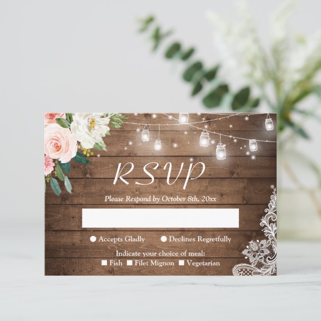 Rustic Mason Jar Lights Blush Floral Lace Wedding RSVP Card