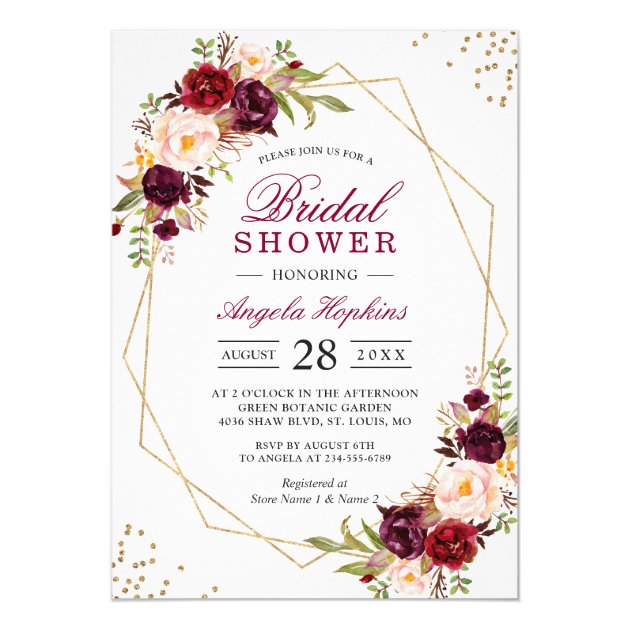 Blush Burgundy Floral Gold Frame Bridal Shower Invitation