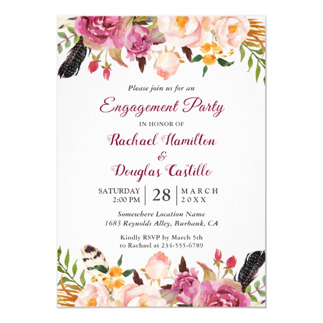 Watercolor Boho Floral Spring Engagement Party Invitation
