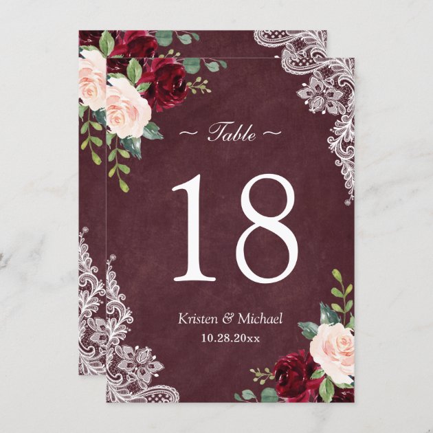 Burgundy Blush Floral Lace Wedding Table Number