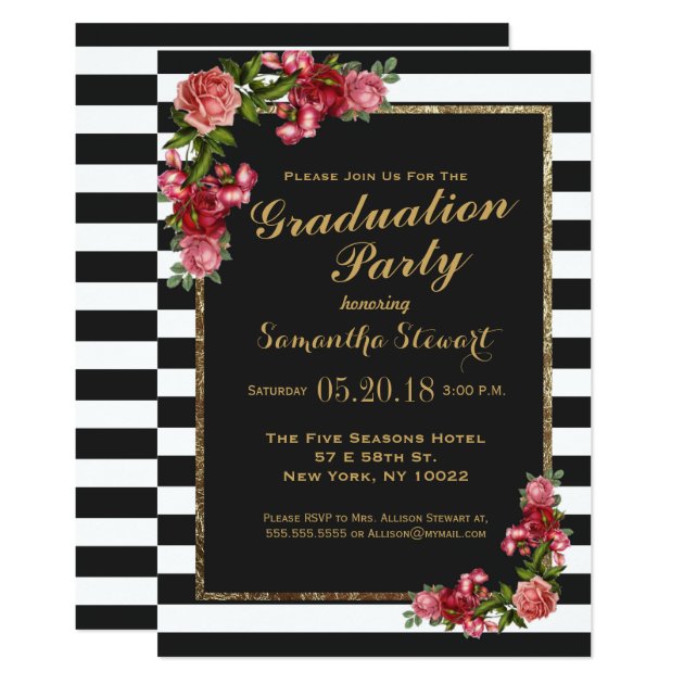 Roses Stripes And Gold Graduation Party Invitation