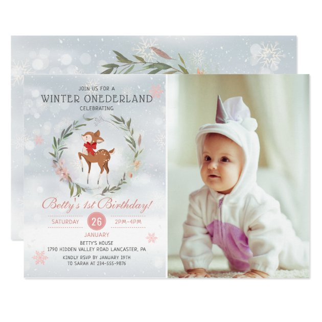 Winter Onederland Deer Baby First Birthday Photo Invitation