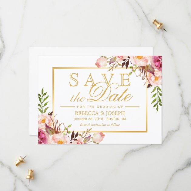Save The Date Elegant Chic Pink Floral Gold Frame