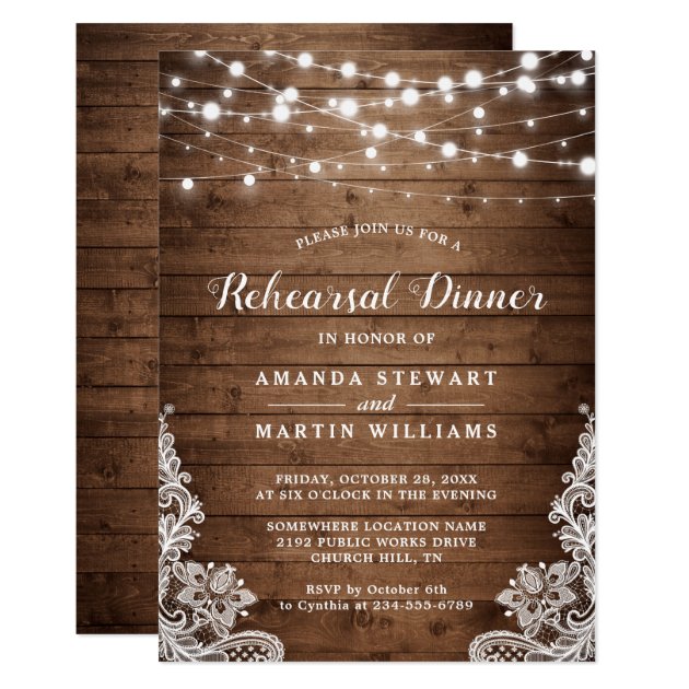 Rustic Wood String Lights Wedding Rehearsal Dinner Invitation