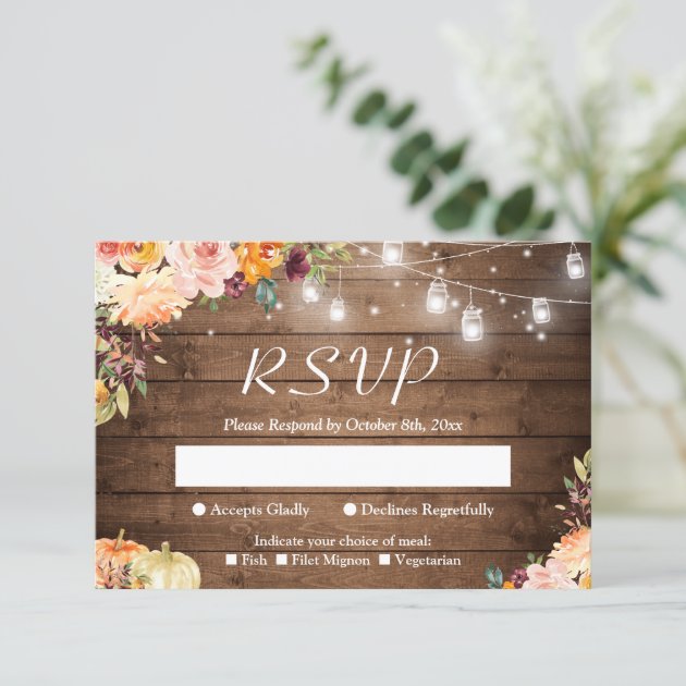 Rustic Autumn Floral Mason Jar Lights Wedding RSVP Card