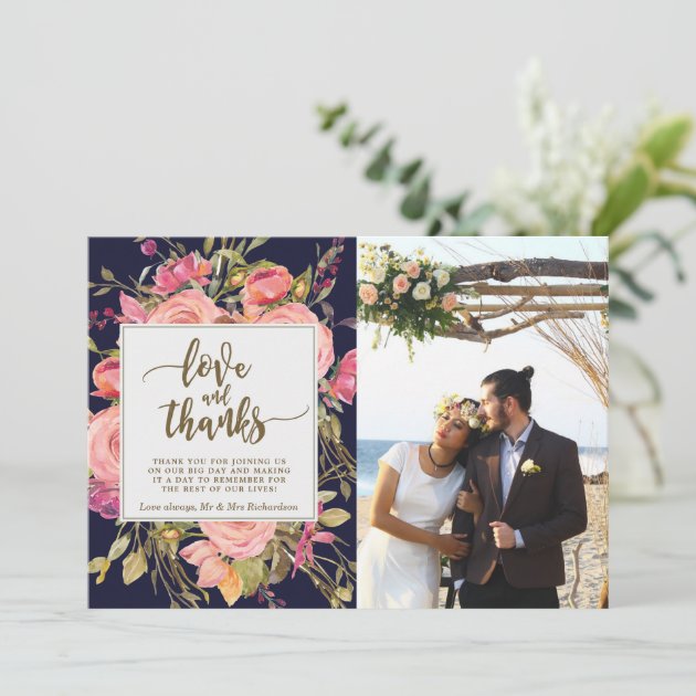 Love And Thanks Photo Card Boho Floral Navy