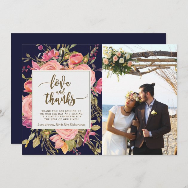Love And Thanks Photo Card Boho Floral Navy