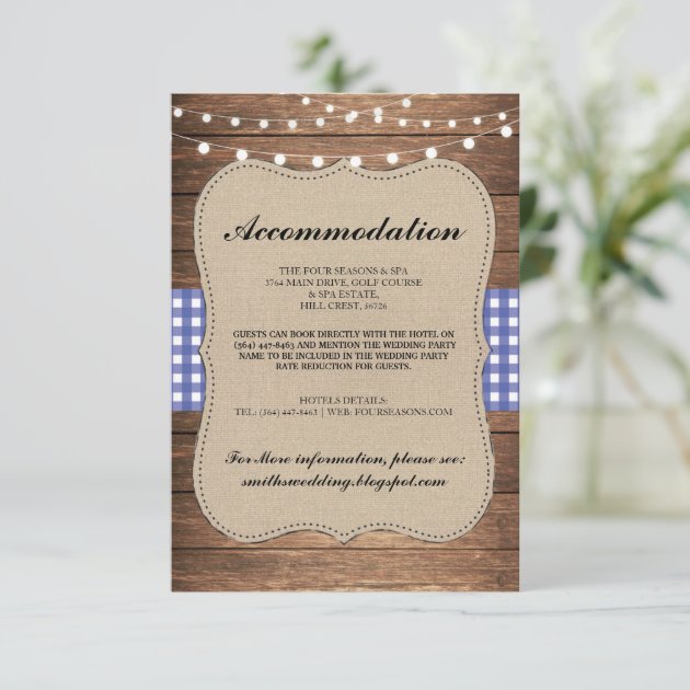 Blue Check Rustic Accommodation Wood Wedding Cards
