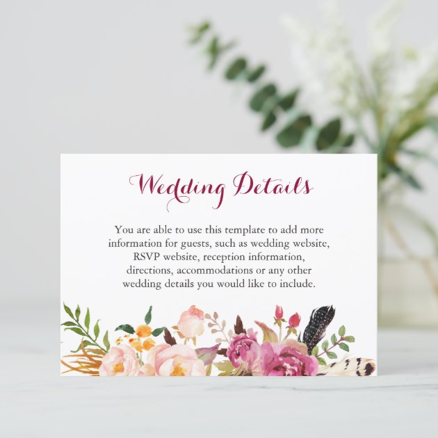 Bohemian Feather Floral Boho Wedding Details Info Enclosure Card