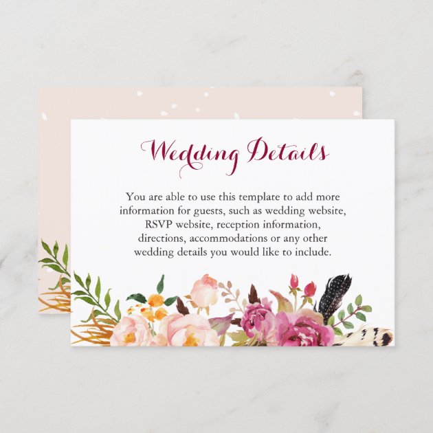 Bohemian Feather Floral Boho Wedding Details Info Enclosure Card