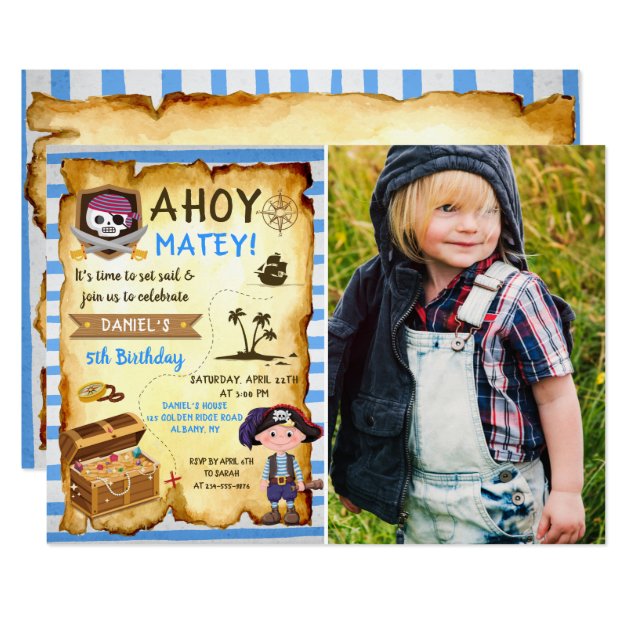 Blue Ahoy Treasure Map Boys Pirate Photo Birthday Invitation