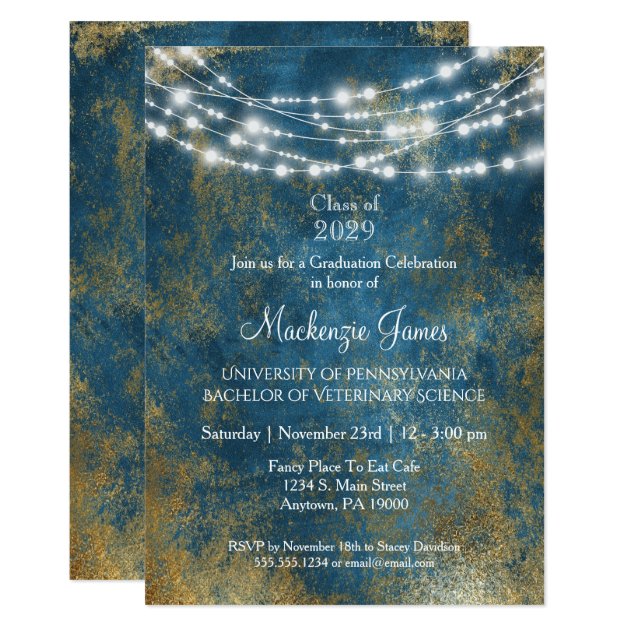 Blue Gold Lights Graduation Party Invitation