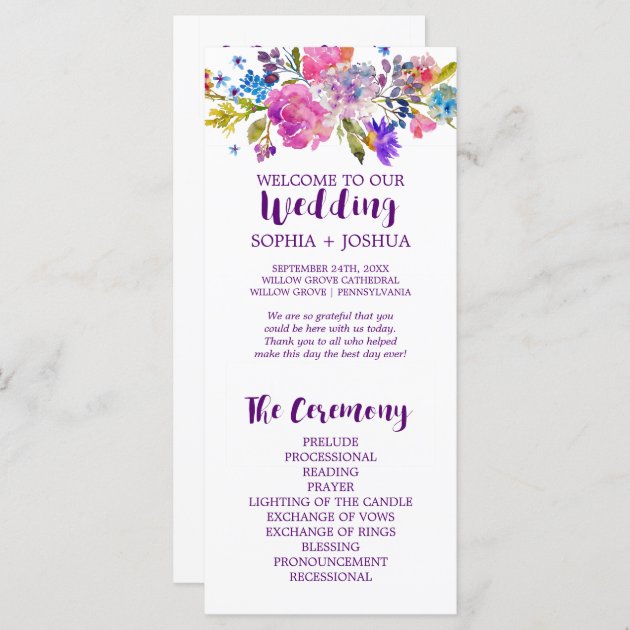 Purple And Pink Watercolor Flowers Wedding Program