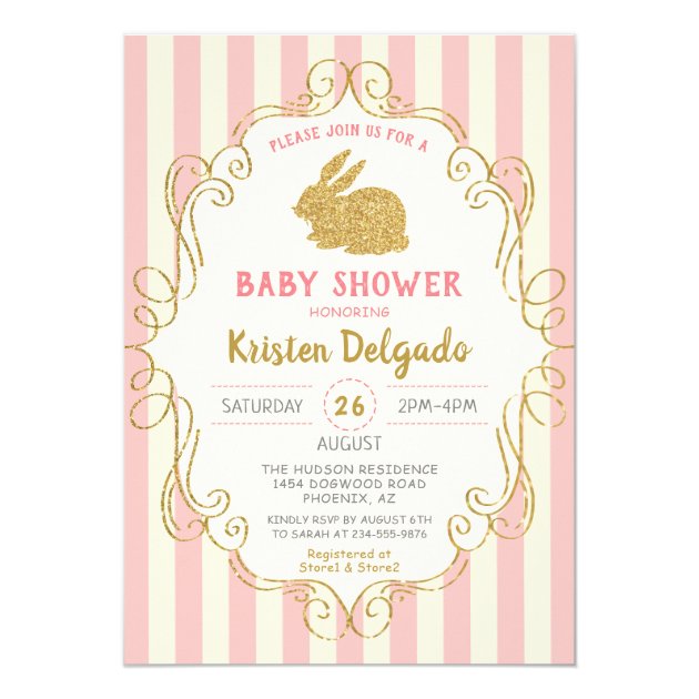 Sweet Bunny Pink Gold Glitter  Baby Shower Invitation