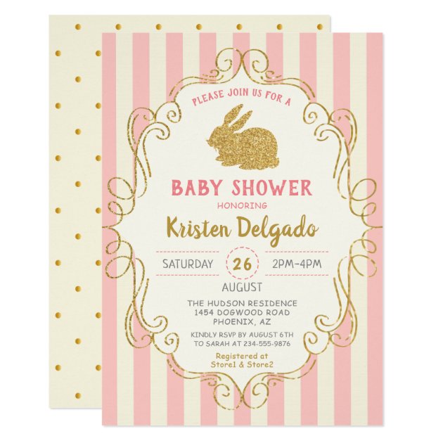 Sweet Bunny Pink Gold Glitter  Baby Shower Card