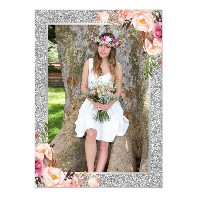 Silver Glitter Floral 2018 Photo Graduation Party Card