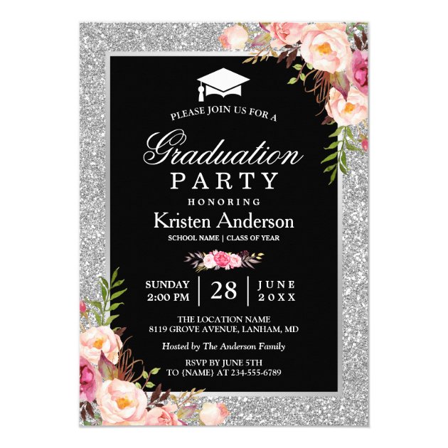 Silver Glitter Floral 2018 Photo Graduation Party Card